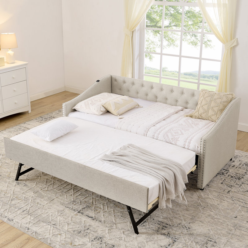 Daybed With USB Charging, Pull-Out Extendable Bed, And Elegant Waved Shape Arms For Modern Comfort And Functionality, Beige