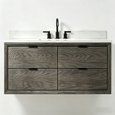 48" Transitional Floating Single Sink Solid Wood Gray Oak Bath Vanity with Engineered Marble Top