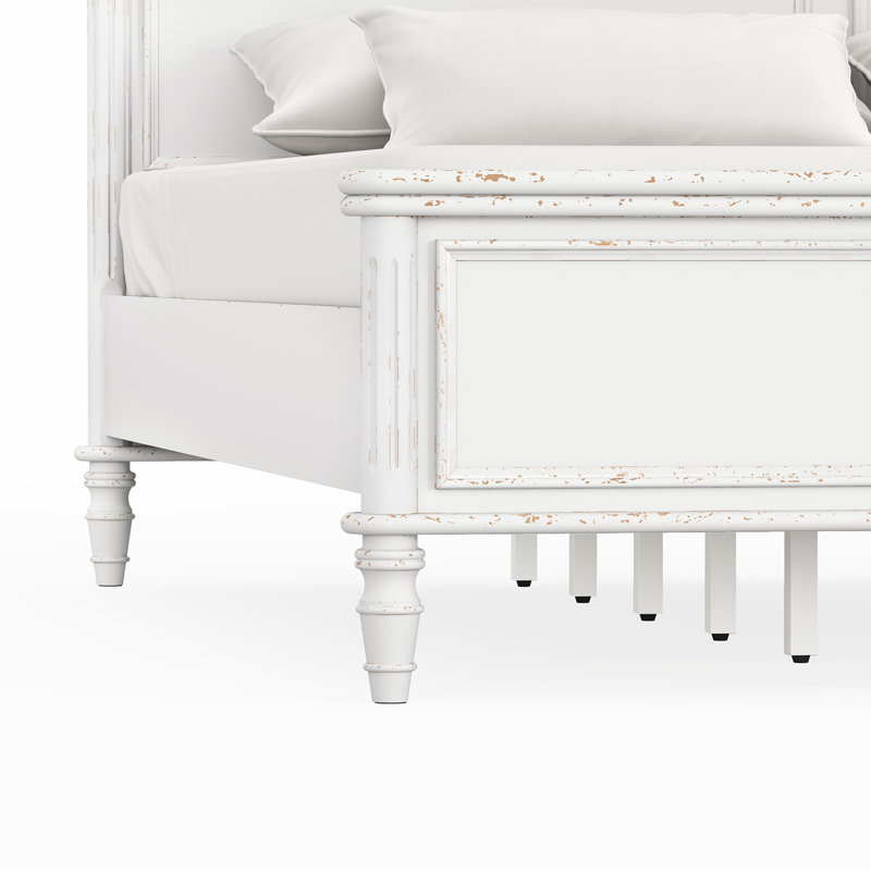 Mid-Century Modern Solid Wood Platform Bed with Cross-patterned Headboard, Distressed White, Queen