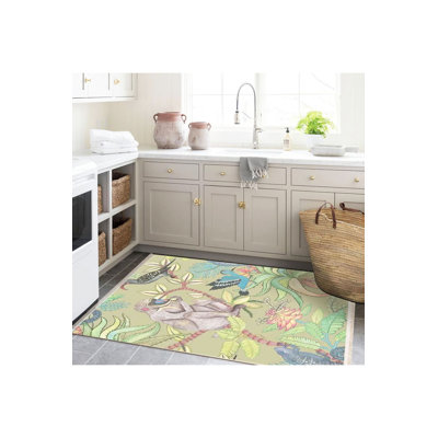 Machine Washable Multicolor Tropical Tree Monkey and Bird Creative Modern Decorative Rug