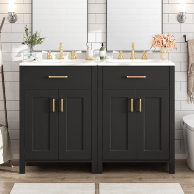 Meuble-lavabo moderne de 122 cm (48 po) avec deux lavabos en céramique, fermeture amortie, tablette en U réglable et poignées dorées esthétiques.