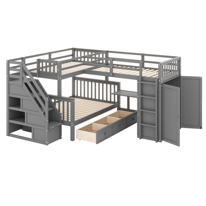 Janai Kids Twin Over Twin Over Full Bunk Bed with Drawers, Gray