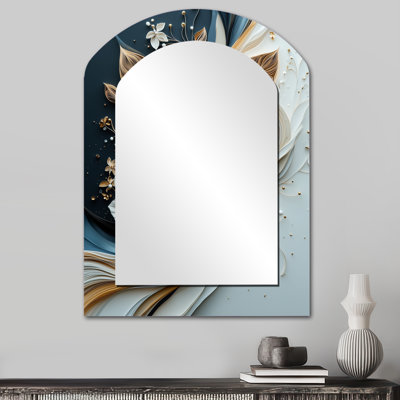 Pivoines à encre liquide or blanc - miroir arqué pivoines, miroir mural décoratif asymétrique blanc