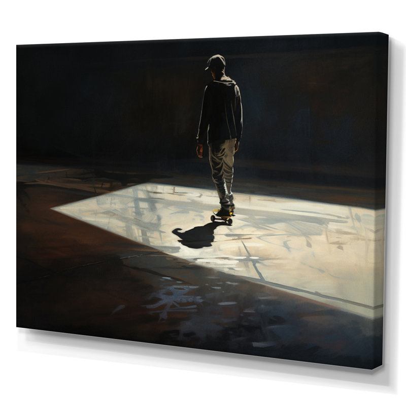 Skateboard Street Shadows - Art mural encadré de planche à roulettes, H 24 po x l 32 po x P 1 po, Toile tendue