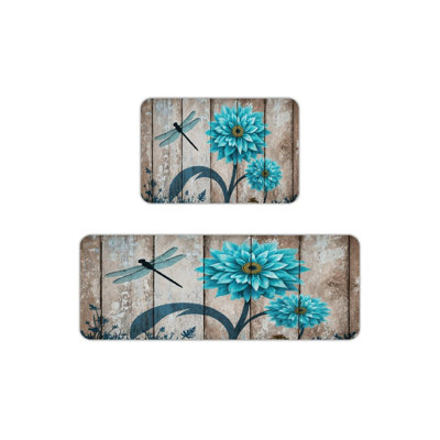 Teal Dahlia & Dragonfly, 2 Pcs Non Slip Kitchen Mats