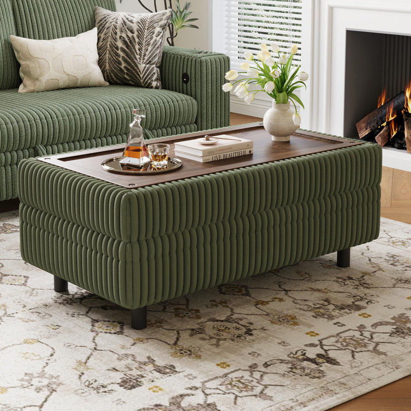 Sherry 40.55'' Upholstered Storage Ottoman with Tray, Bella Forest Green Corduroy