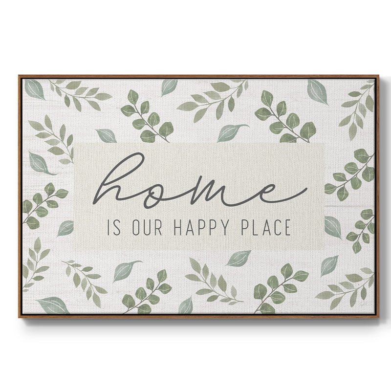 "Home is our happy place", art textuel sur toile, H 27 po x l 41 po x P 2 po, Noyer