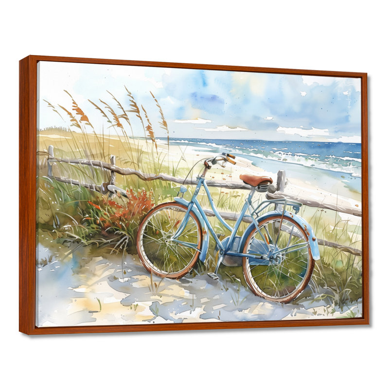 Vélo bleu sur le sentier de la plage II - art mural côtier, Toile avec cadre flottant brun, H 12 po x l 20 po x P 1 po