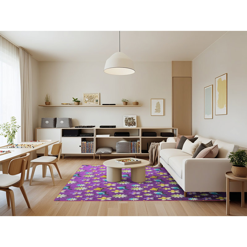 Tapis mauve à motif floral, Rectangle 7 pi x 9 pi