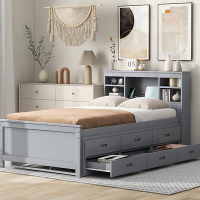 Twin Size Bed With , Headboard Storage & 3 Drawers In Gray - Solid Wood For A Cozy Bedroom Atmosphere Platform Storage, Ports, And Construction Lasting Quality