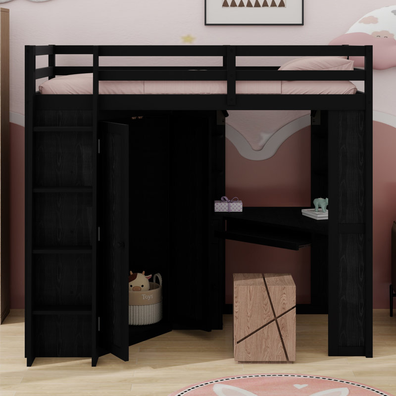 Lit mezzanine avec grande armoire intégrée, bureau, Noir