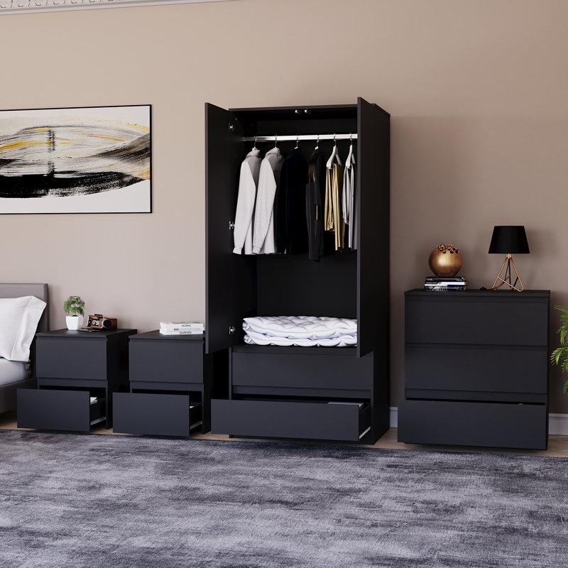 Tanino 4 Piece Bedroom Set (2 Drawer Large Bedside Chest X2, 3 Drawer Chest, 2 Door 2 Drawer Wardrobe), Black