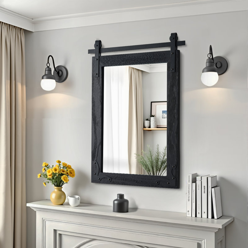 Rectangular Wood Framed Bathroom Vanity Mirror With Iron Brackets, 24x36 Inches, 36" x 24"
