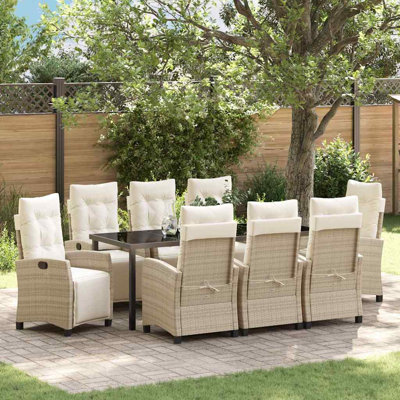  Ensemble de salle à manger de jardin avec coussin 9 pièces en rotin de polyester beige