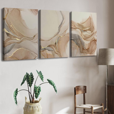 Ensemble de 3 toiles encadrées - décoration abstraite en marbre beige doré 12 x 16 po, art mural rétro pour la maison, le bureau ou la ferme, décoration murale