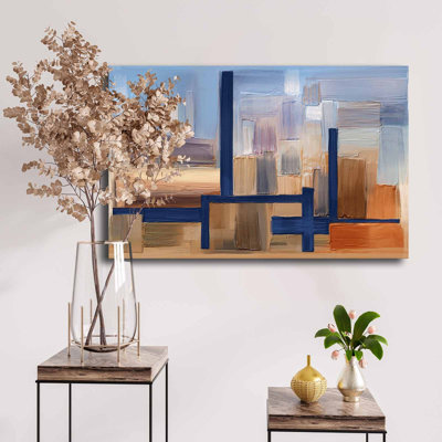 Superbe peinture décorative sur toile, 17,7 po x 27,6 po | 100% toile (épaisseur: 0,1 pouce) et cadre 100% bois de pin (épaisseur: 0,9 pouce) | Bleu marine, beige, orange et brun | Parfait pour les amateurs de décoration intérieure et d'art