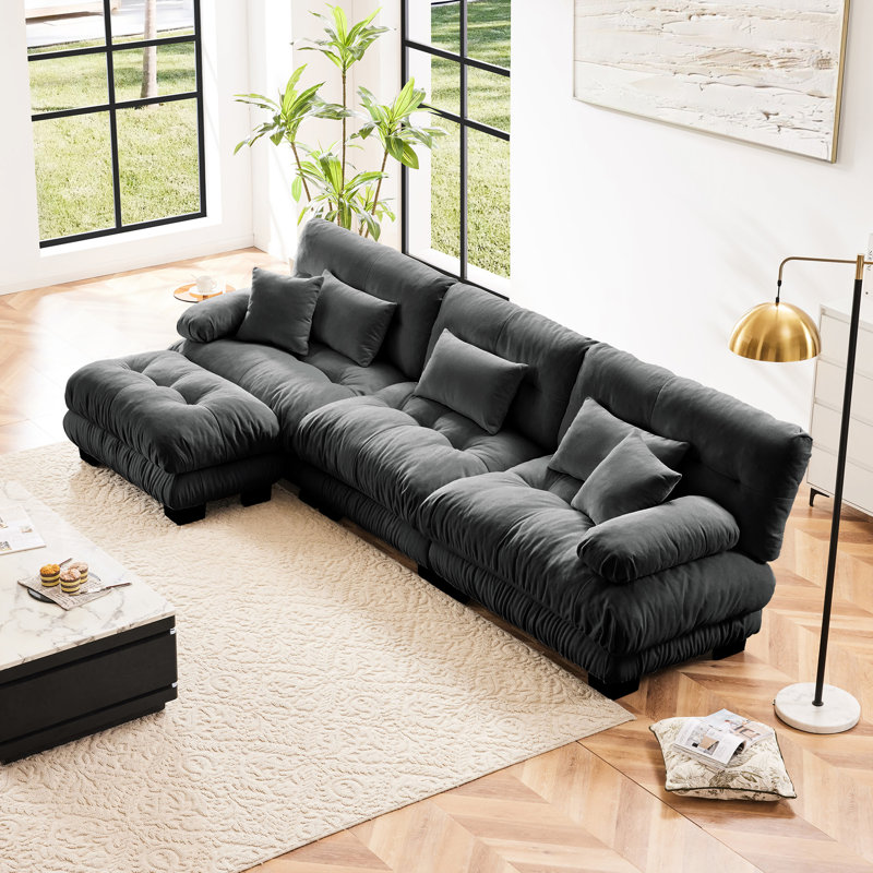 Canapé modulaire de luxe à 3 places modulaire, canapé en nuage de chenille gris surdimensionné en L avec tissu convertible en velours rétro exquis, coussins décoratifs profonds et rembourrés pour le salon