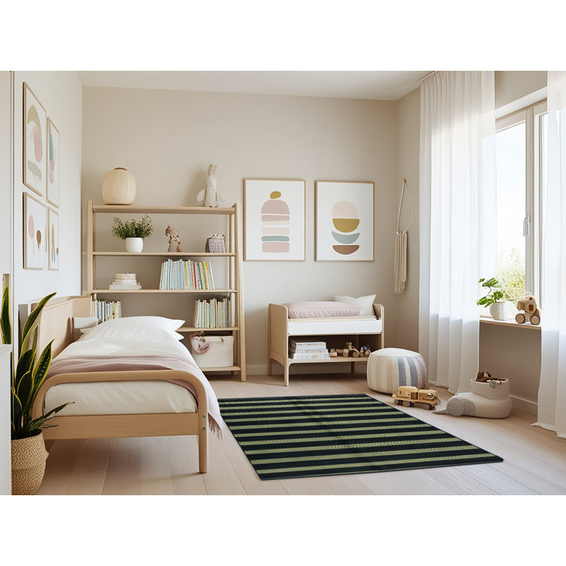Machine Washable Horizontal Stripes Blue Area Rug, Rectangle 4' x 6'