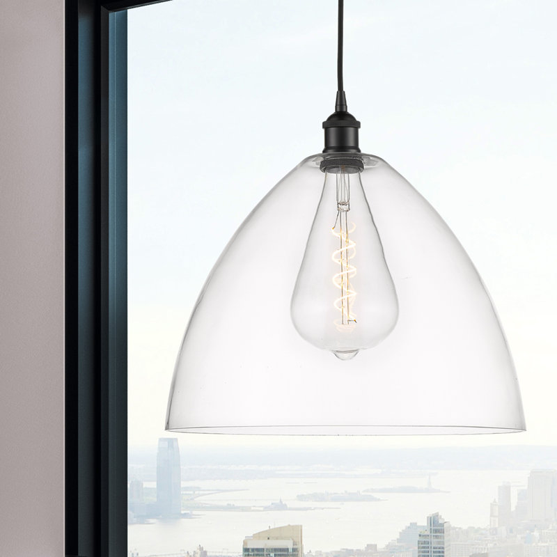 Luminaire suspendu en forme de dôme à 1 lumière Bluford, H 17,75 po x l 16 po x P 16 po, Transparent, Noir mat