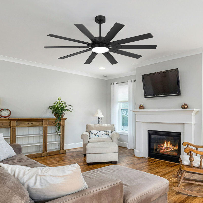 Markku 60'' 10-Blade Ceiling Fan with Light and Remote,DC Motor, 6''/12'' Downrods,3 LED Colors, Matte Black, Black