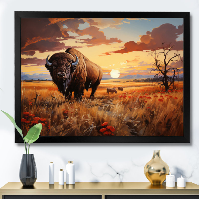 Native American Art Bison Prairies I Framed On Canvas Print, Cadre simple noir, H 34 po x l 44 po x P 1,5 po