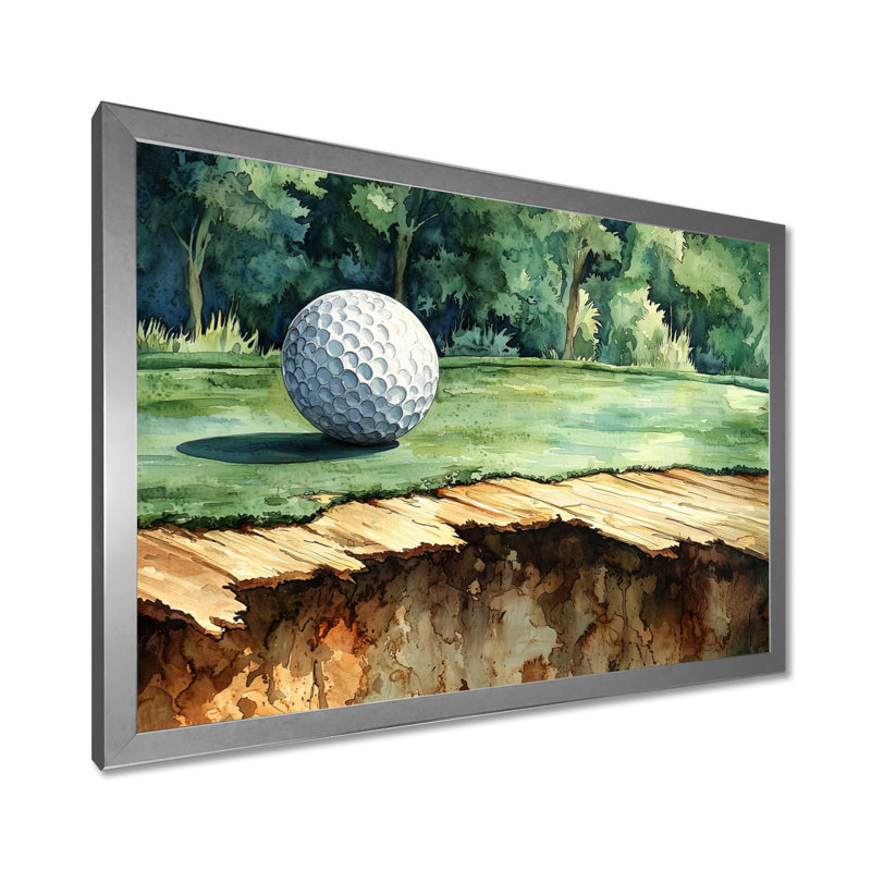 «Chassing the pin», art mural de golf, Argent argent, H 34 po x l 44 po, Cadre simple