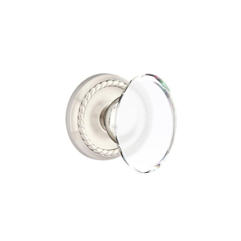 Ensemble de faux boutons Emtek avec rosette en corde et bouton en verre Hampton, Nickel satiné