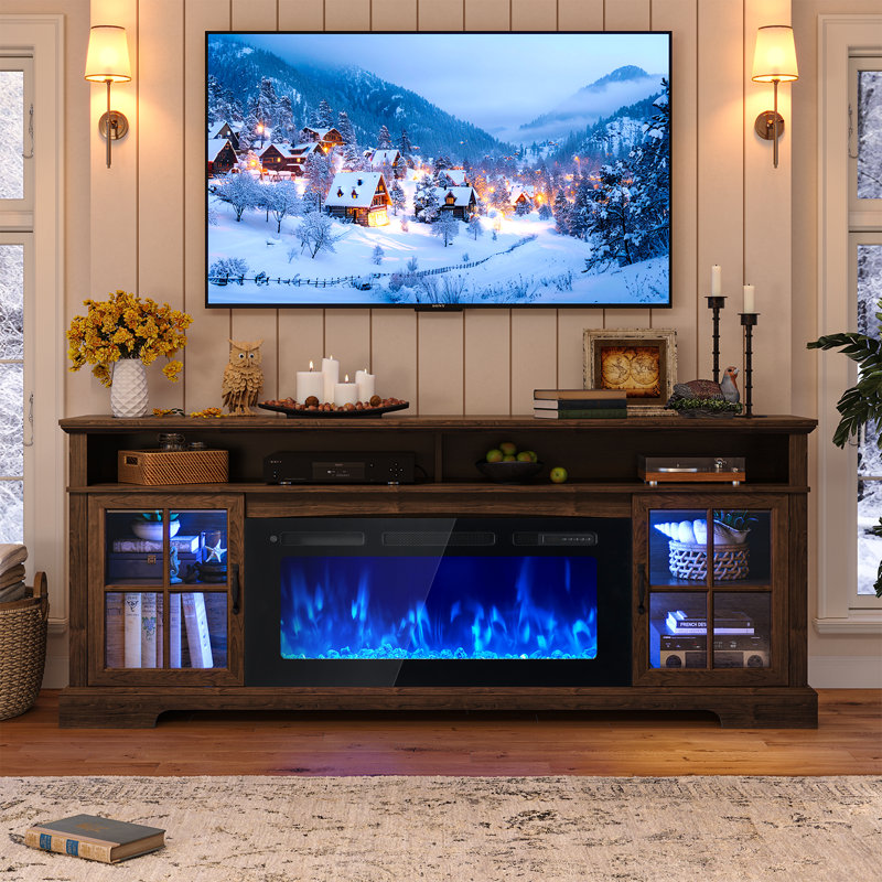 70"W Farmhouse Fireplace TV Stand, Entertainment Center With Adjustable Shelves & Glass Doors, Tv Console With Cable Holes
