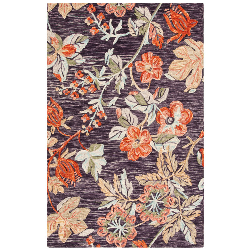 Tavant Hand Tufted Wool/Cotton Floral Rug in Charcoal/Orange, Rectangle 3' x 5'