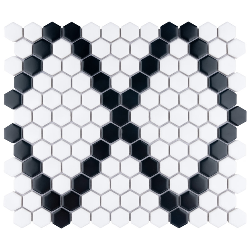 Metro 1" Hex Matte White with Black Diamond 10-1/4" x 11-7/8" Porcelain Mosaic Tile
