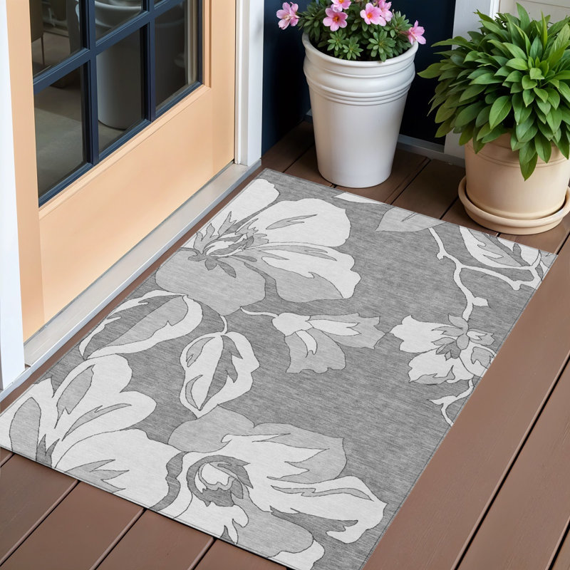 Tapis floral lavable intérieur argenté 3 pi x 5 pi