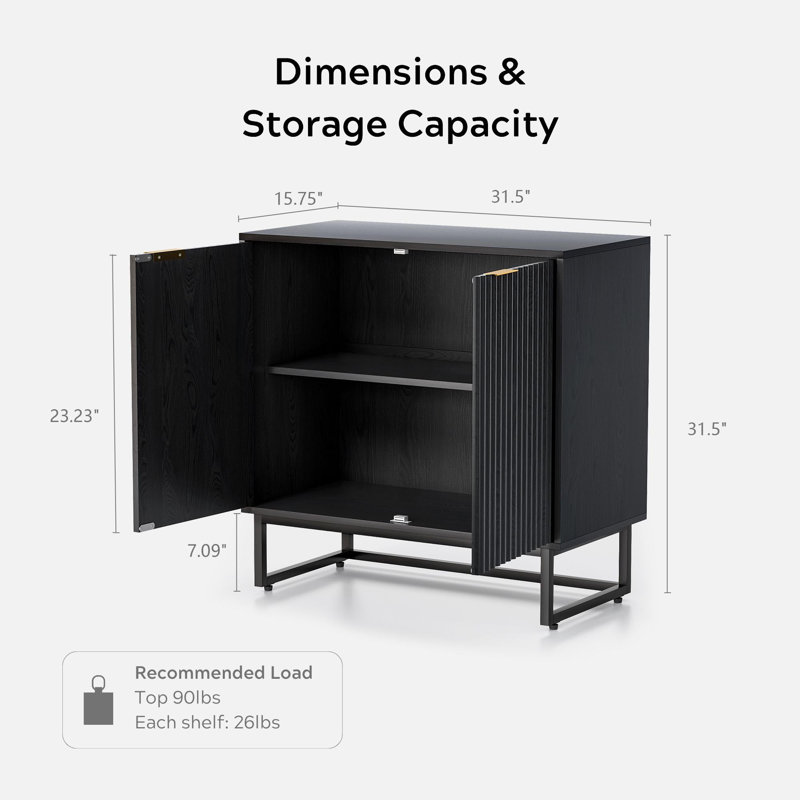31.5" Tall 2 - Door Fluted Accent Cabinet,Sideboard with Adjustable Shelves, Black, Brushed Gold