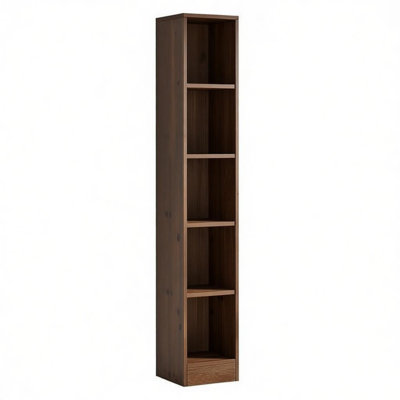 Grande bibliothèque étroite à 5 niveaux en bois massif, étagère ouverte mince verticale autoportante, étagère de rangement brun rustique avec ensemble anti-basculement pour chambre à coucher, bureau personnel, petits espaces