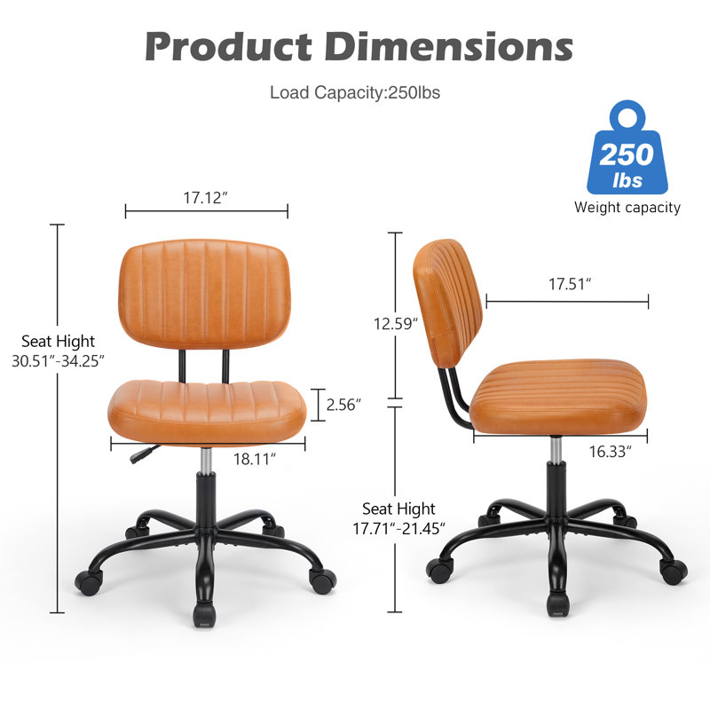 Duthill Armless Home Office Chair, Faux Leather Swivel Task Chair with Back, Brown