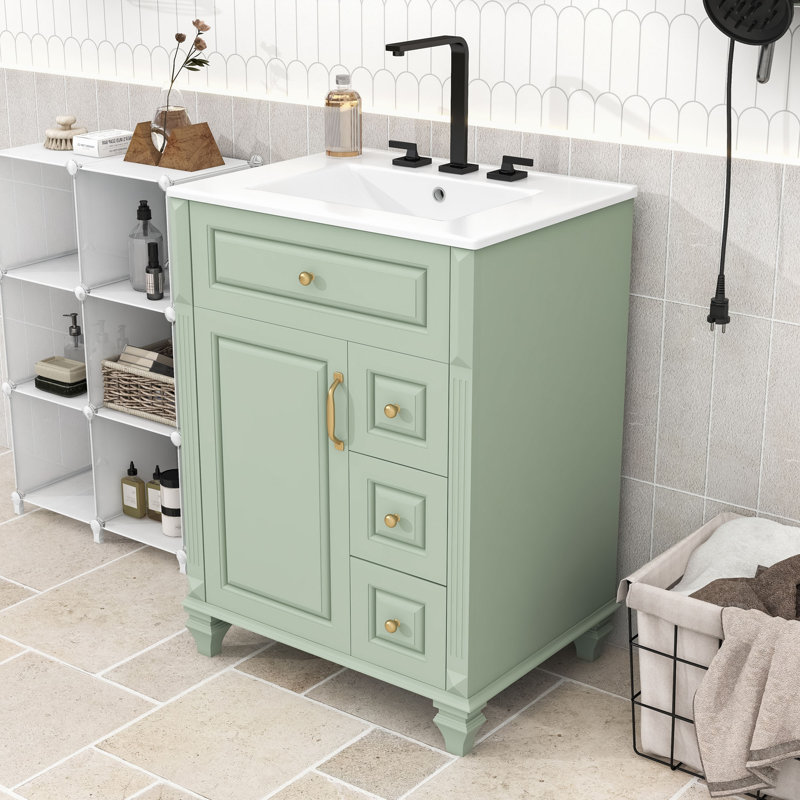 Meuble-lavabo autoportant classique avec lavabo en céramique, tablette réglable et grand rangement, Vert