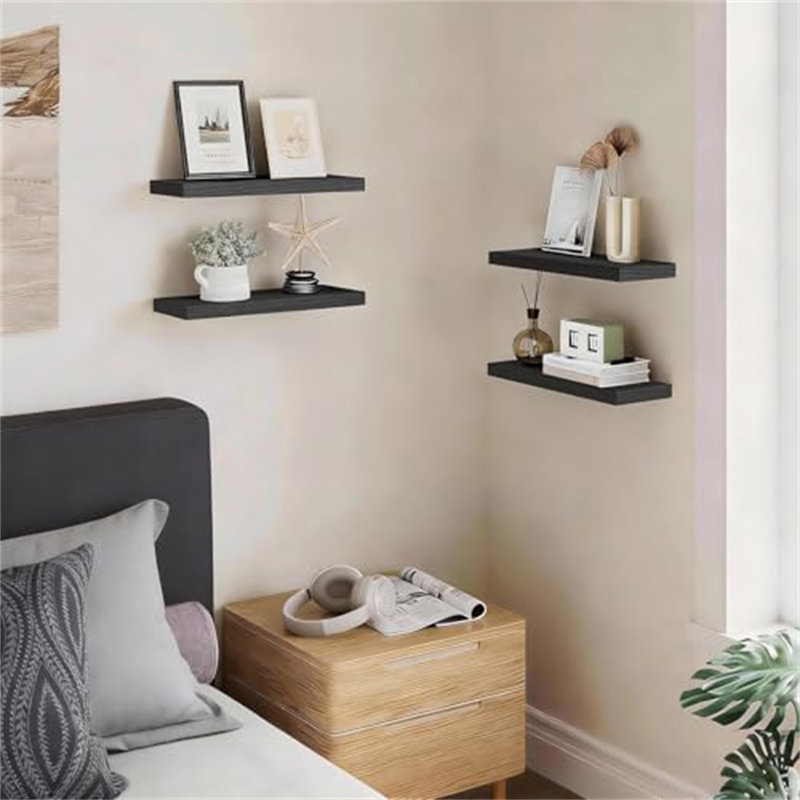 Set Of 4 Floating Shelves Bathroom For Wall – Farmhouse Black Wood, Black