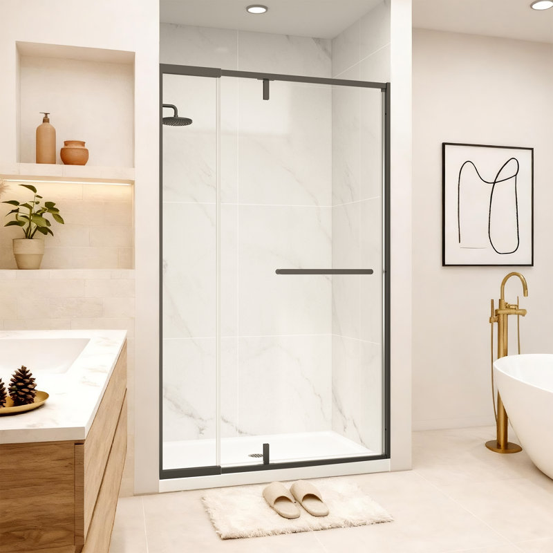 Porte de douche pivotante en aluminium noir mat de 36 à 42 po x H 72 po avec verre trempé transparent de 1/4 po, longueur réglable