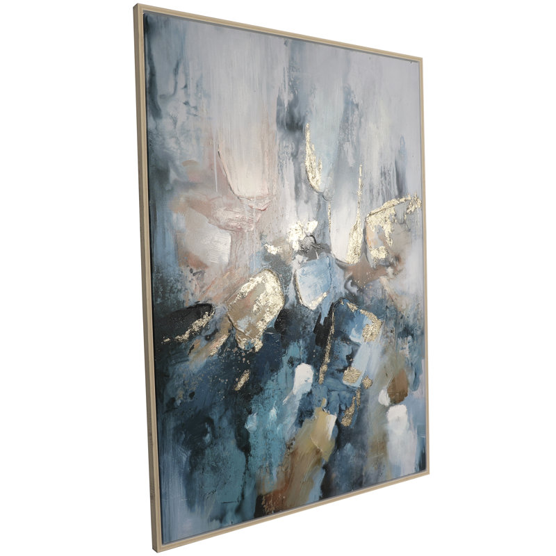 Toile, aquarelle, tache abstraite, art mural encadré bleu avec décorations en feuille d'or