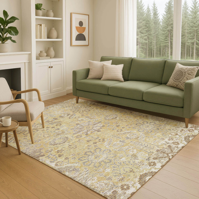 Tapis damassé intérieur / extérieur lavable à la machine ACN2617, Doré, 10 pi x 14 pi