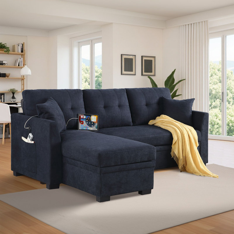 81'5" Convertible Sleeper Sectional Sofa With Pull-Out Bed with USB and Side Pockets, Blue Chenille