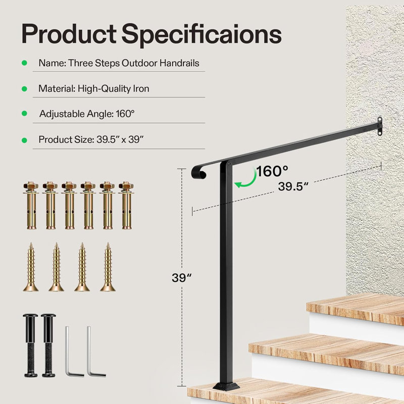 Black Metal Outdoor Handrail for 3-Step Stairs