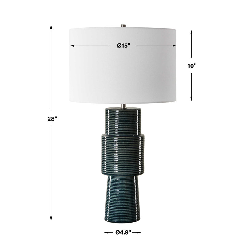 Lampe de table, base en céramique nervurée bleu sarcelle et abat-jour en lin blanc, 28 po