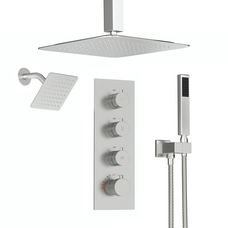 Regen Dual Shower Heads 3-Function Ceiling-Mounted Thermostatic Shower System With Handheld And Rough-In Valve