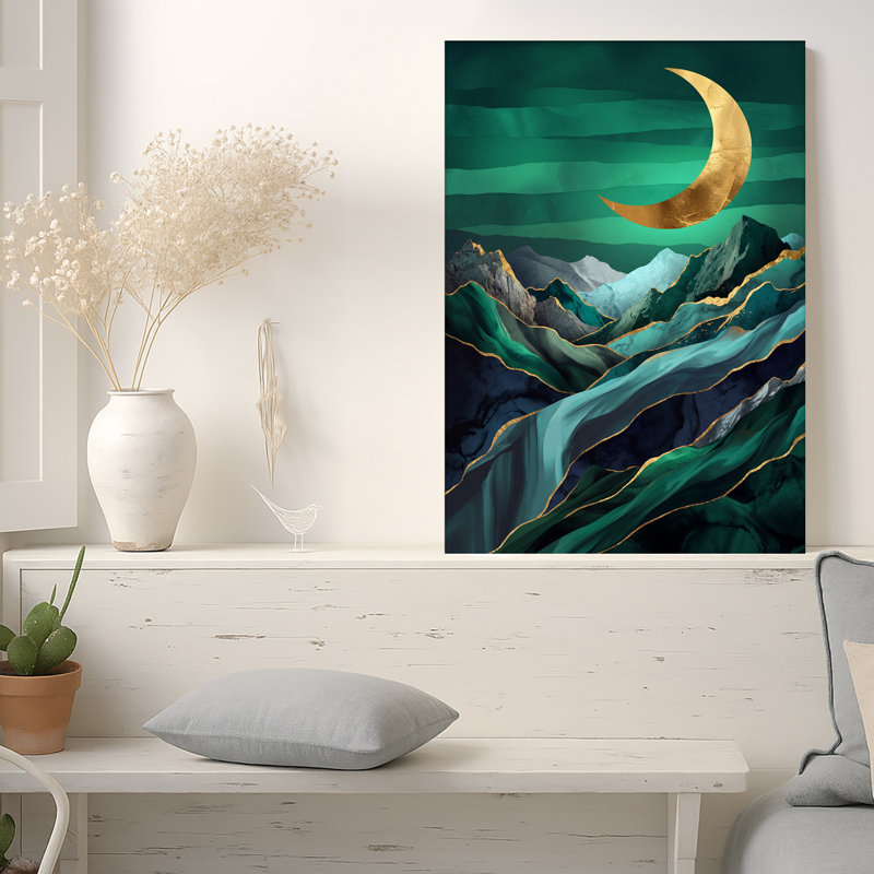 Art mural sur toile Gold Crescent Moon Over Teal, 18"H x 12"W