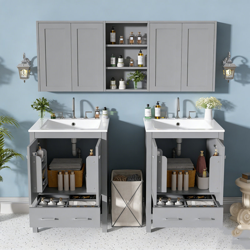 Meuble-lavabo de salle de bain avec lavabo encastré intégré avec tiroir divisé et tablette de porte à double couche, Gris