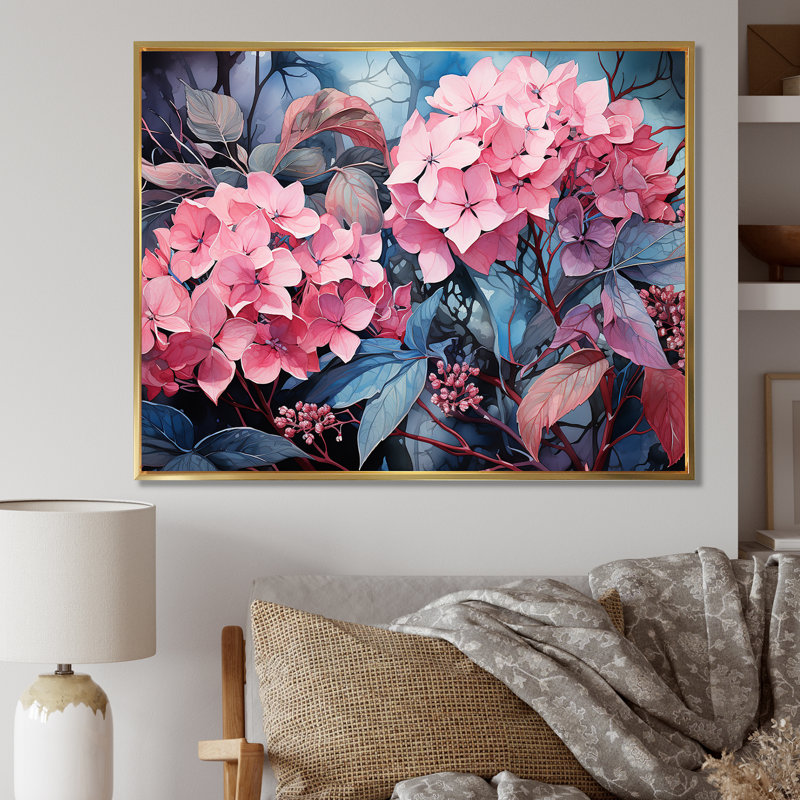 Rose, hibiscus tropical, élégance III - hortensia, art mural, Cadre flottant doré, H 12 po x l 20 po x P 1 po