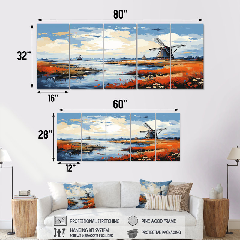 Holland Wall Turbine Meadows II - Wind Turbines, ensemble de 5 décorations murales, H 32 po x l 80 po