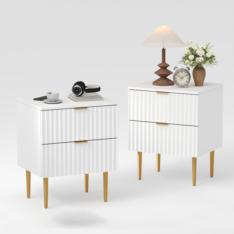 Ensemble de table de chevet de style milieu du siècle, table de chevet avec 2 tiroirs et pieds en métal, table d'appoint cannelée pour chambre à coucher