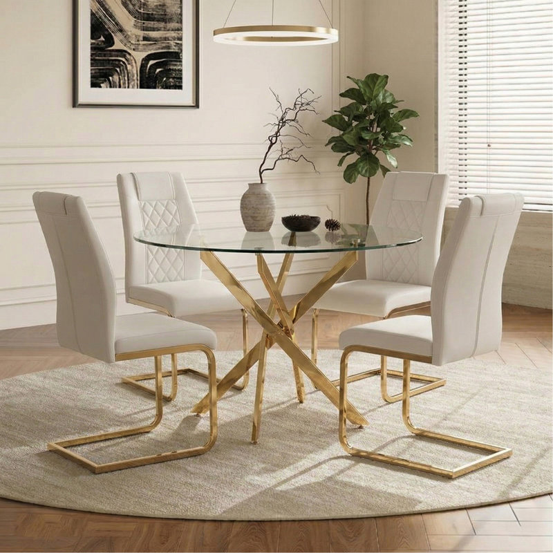 Ensemble de table de salle à manger ronde en verre pour 4 personnes, table de salle à manger en verre de 35,5 po avec pieds dorés, table de cuisine moderne pour la maison (table et chaises dorées)