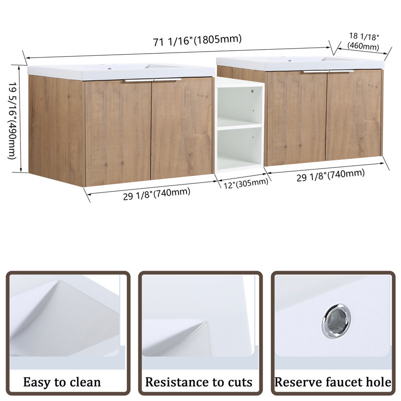 72 meubles-lavabos doubles avec plateau, Naturel